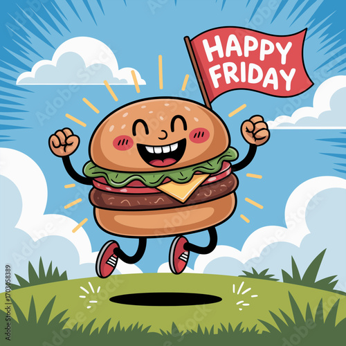 Happy burger celebrating friday, jumping and waving a festive flag. Suitable for foodrelated promotions or social media posts. Festive and engaging visual content for marketing.