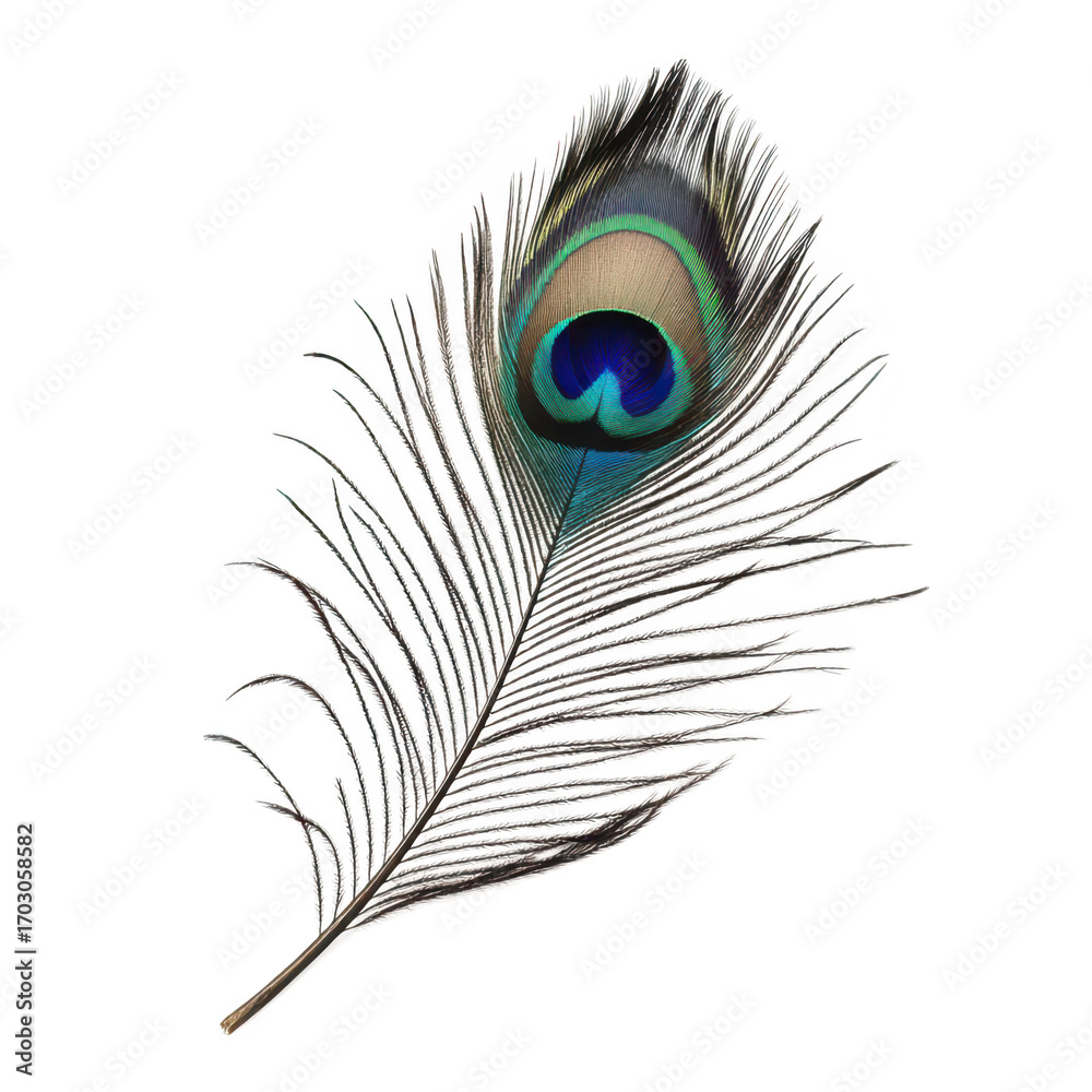 Obraz premium A peacock feather intricate patterns and colors. elegantly displayed against a clean white background. ideal for nature-themed projects or artistic designs