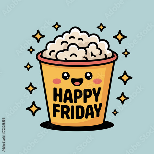Happy friday with a jolly bucket of popcorn celebrating the weekend. Perfect for social media posts, websites, and blog headers.