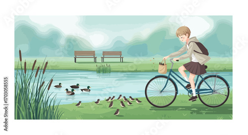 Girl cycling in the park feeding birds with ducks on the lake in a scenic vector illustration