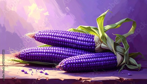 Still life of three vibrant purple corn cobs on a rustic wooden surface