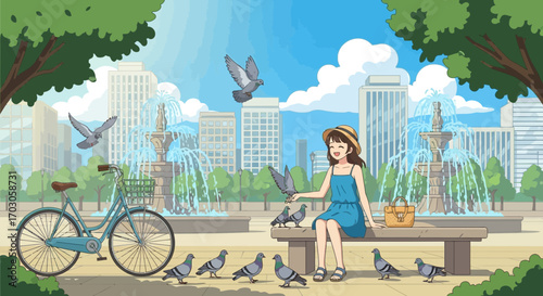 Illustration of a cheerful girl feeding pigeons in a city park with fountains and skyscrapers