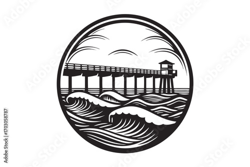 Black Pier with Ocean Waves and Oval on White Background