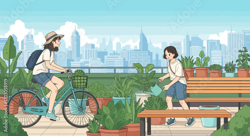 Illustrative scene of young women on a rooftop garden amidst a city skyline enjoying a serene