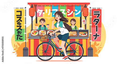 Japanese street food vendor with girl riding a bicycle eating snack on a sunny day