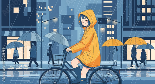 Rainy day city scene featuring a girl in a yellow raincoat on a bicycle cartoon style