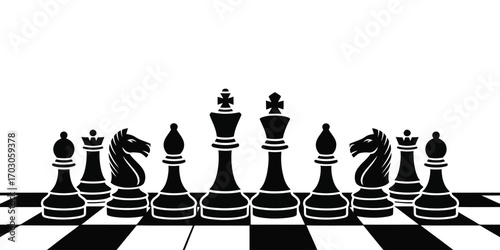 Strategic arrangement of black chessmen on a checkered surface, an abstract concept for business planning and tactics