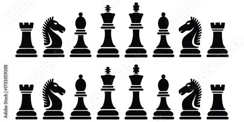 Set of black chess piece silhouettes in starting formation, a vector graphic icon collection for strategic thinking and games
