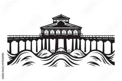 Black Silhouette of Huntington Beach Pier with Waves on White Background