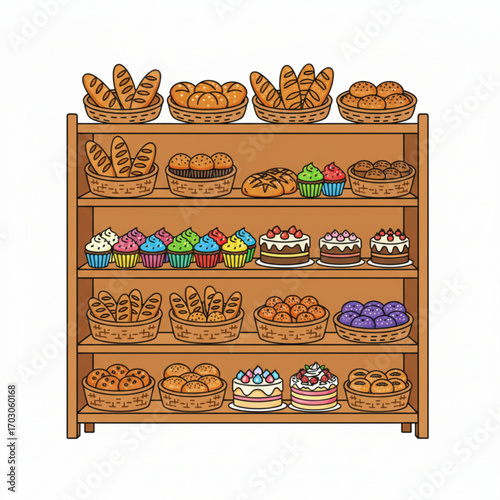 A bakery shelf full of bread, cakes, and colorful cupcakes.
