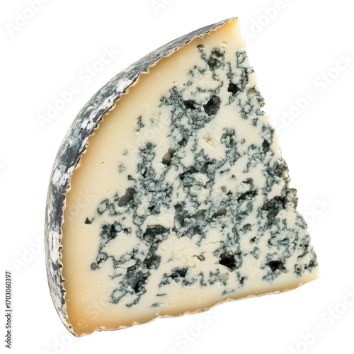 A wedge of blue cheese its distinctive marbled texture and creamy interior. set against a clean white background. ideal for culinary presentations or gourmet food photography