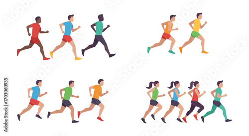 runners in colorful outfits sprinting energetically across white background