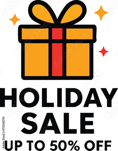 Holiday Sale Graphic with Festive Gift Box Illustration.