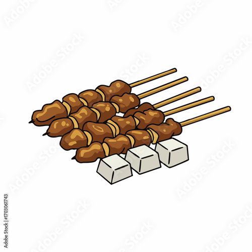 Illustration of four skewers of grilled meat, accompanied by three white cubes, presented on a white background.