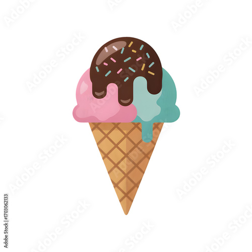 Ice cream cone with three scoops and chocolate topping vector illustration in flat design isolated on white background