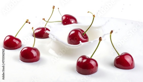 Juicy, red cherries submerged in white liquid, creating a splash with droplets. Clean, bright, and vibrant composition