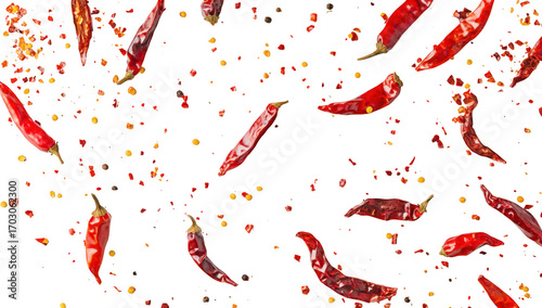 A arrangement of dried red chili peppers scattered on a clean white surface. their rich colors and textures. ideal for culinary or food-related projects
