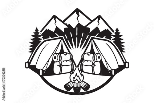 Camping Tents Silhouette with Mountains Trees and Bonfire on White Background