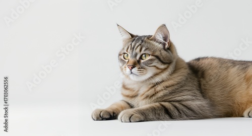 Wallpaper Mural A tabby cat lying down, looking to the side, on a white background Torontodigital.ca