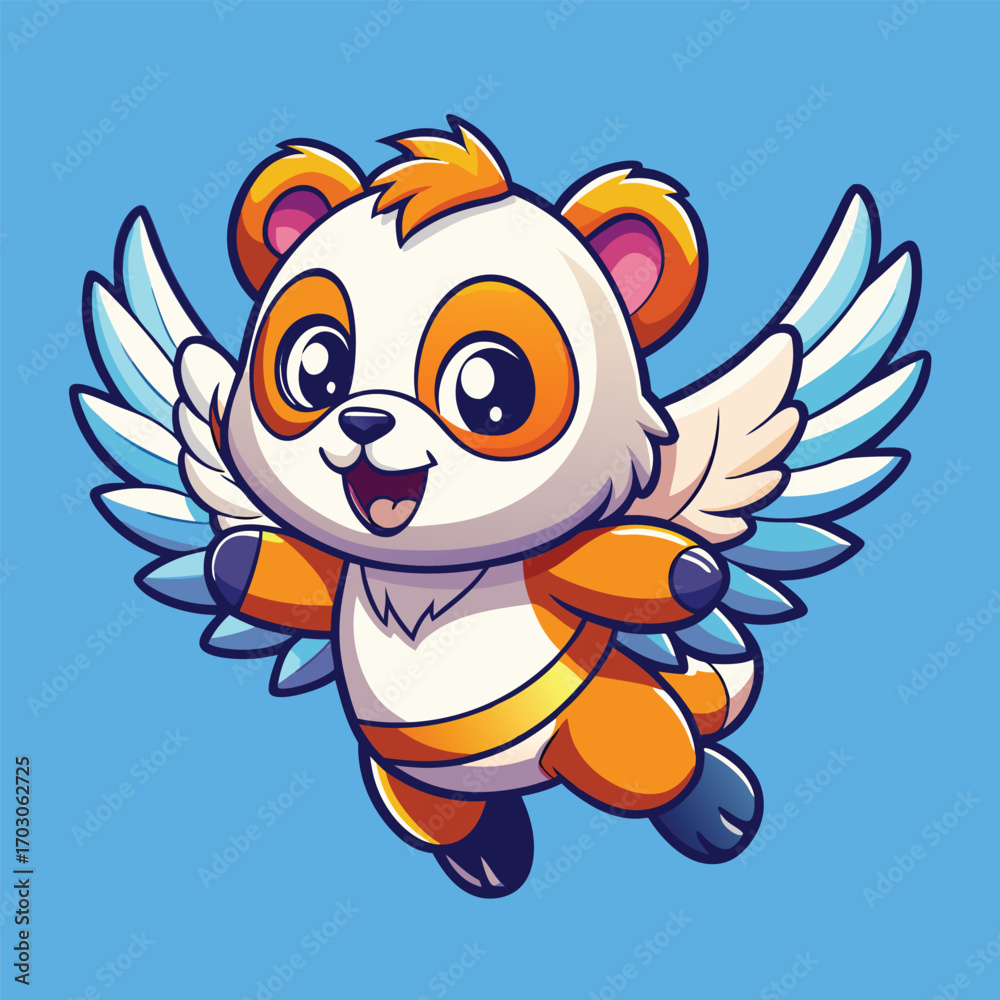 Obraz premium Adorable chibi flying panda with angel wings, bright orange and white colors, and a joyful expression. Perfect for stickers, logos, digital art, or kawaii cartoon designs.