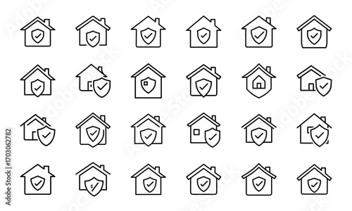 Home Insurance Line Icons Set – Property Protection, Financial Security, House Fire and Flood Risk, Mortgage Coverage, Business Insurance, Banking Security, Investment Protection, Real Estate Safety, 