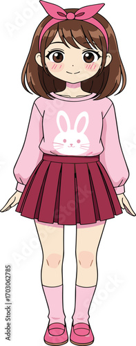 Cartoon girl, pink outfit, bunny shirt, cheerful pose, brown hair, headband bow, cute style, children illustration, white background, digital art