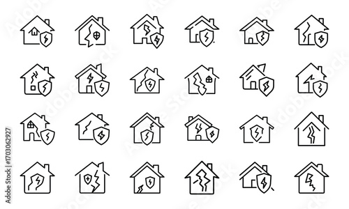 Home Insurance Line Icons Set – Property Protection, Financial Security, House Fire and Flood Risk, Mortgage Coverage, Business Insurance, Banking Security, Investment Protection, Real Estate Safety, 