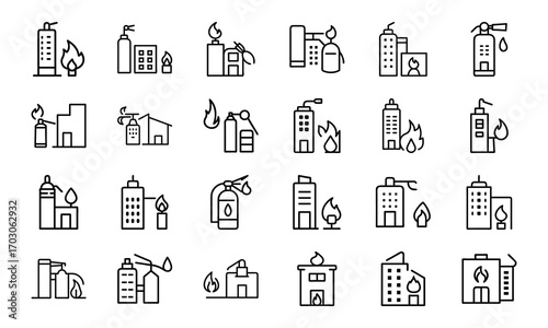 Home Insurance Line Icons Set – Property Protection, Financial Security, House Fire and Flood Risk, Mortgage Coverage, Business Insurance, Banking Security, Investment Protection, Real Estate Safety, 
