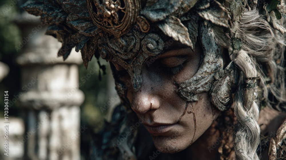 Fototapeta premium Mystical earth guardian portrait with leafy headdress and closed eyes