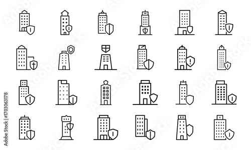 Home Insurance Line Icons Set – Property Protection, Financial Security, House Fire and Flood Risk, Mortgage Coverage, Business Insurance, Banking Security, Investment Protection, Real Estate Safety, 