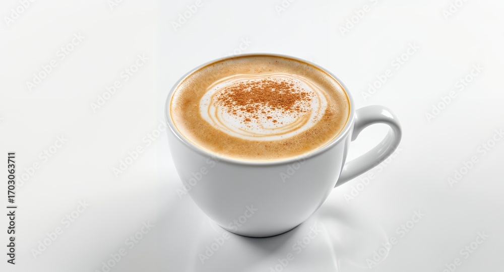 Obraz premium Cappuccino Coffee Cup, Hot Drink, Latte Art, Cinnamon Topping, Morning Beverage, Cafe Menu, Coffee Shop, Breakfast Drink, White Mug, Coffee Foam, Aromatic Beverage, Delicious Coffee, Steam Design