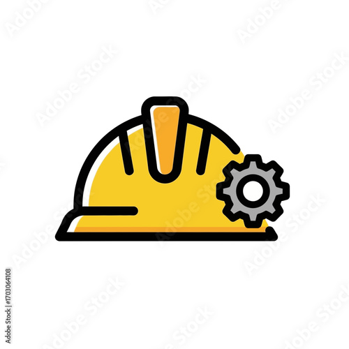 Yellow hardhat protects near silver gear icon design