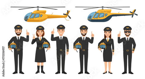Cartoon depiction of three male and two female helicopter pilots in uniform, standing in front of two yellow helicopters.