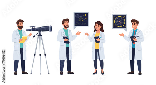 Four scientists collaborate, discussing astronomy and research, using a telescope and diagrams.