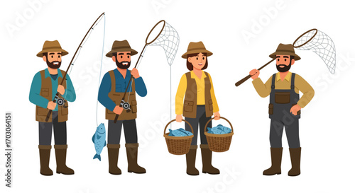 Four cartoon figures, three men and one woman, engaged in fishing activities.