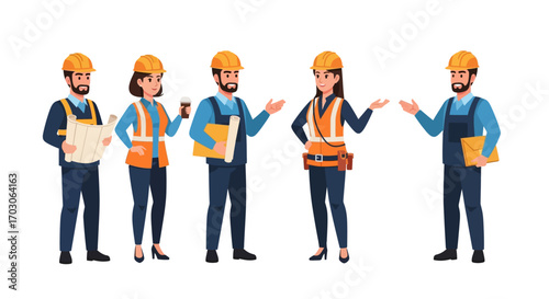 A group of diverse construction workers, discussing blueprints and plans, in a professional setting.