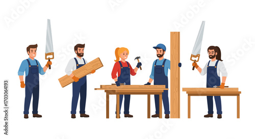 Carpenters working together at a woodworking station, holding tools and wood.