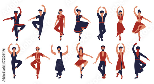Diverse dancers in stylized costumes perform graceful ballet poses.