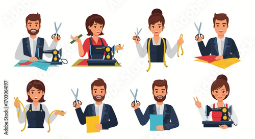 A collection of cartoon tailors and seamstresses, showing various sewing and design actions.