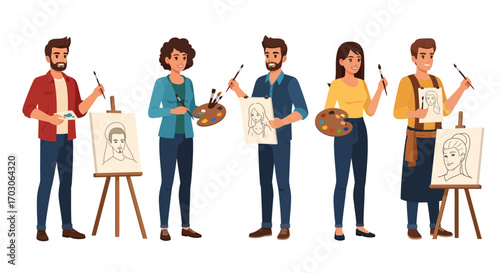 Five diverse artists paint portraits, showcasing their individual styles and techniques with paintbrushes, palettes, and easels.