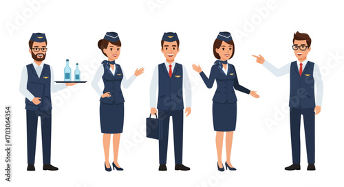 Flight attendants and a male air steward in uniform, presenting various service gestures.