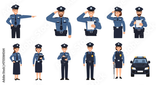 A collection of cartoon police officers in various poses and actions, with a police car.