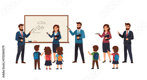 Teachers and students engaged in a lively classroom presentation, whiteboard lesson.