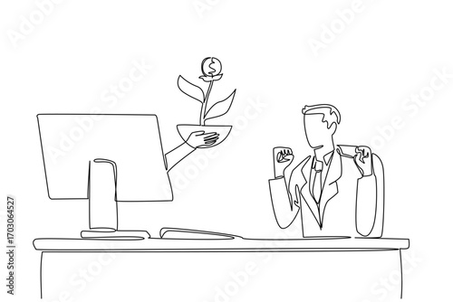 Single continuous line drawing hands out of monitor screen holding a money tree with dollar coin fruit. Learn to invest. Buy and sell shares. Things from Screen. One line design vector illustration
