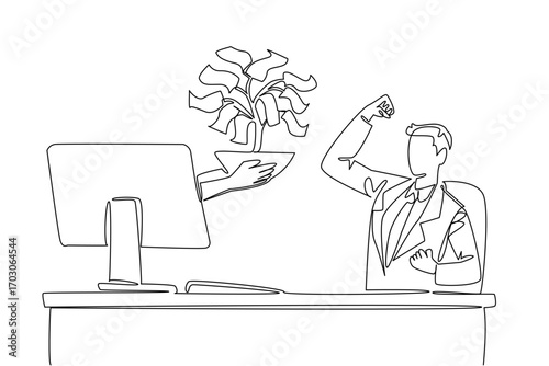 Single one line drawing hands out of the monitor screen while holding a money tree with leaves made of banknotes. Investment benefits. Things from Screen. Continuous line design graphic illustration
