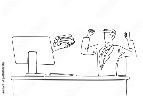 Continuous one line drawing hands out of monitor screen while holding a gold stack. Investing in gold bullion. Profitable in the future. Things from Screen. Single line draw design vector illustration
