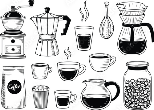 Collection of hand drawn coffee making equipment and cups