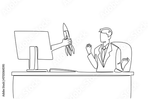 Single continuous line drawing hands out of the monitor screen while holding a rocket. Golden opportunity to move to the dream startup. Career. Things from Screen. One line design vector illustration