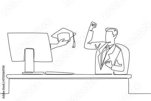 Single continuous line drawing hands out of the monitor screen while holding a graduation cap. Doing business does not forget education. Smart. Things from Screen. One line design vector illustration