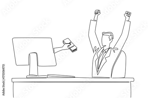 Single one line drawing hands out of the monitor screen while holding stack of banknotes. Lots of bonuses from smart work. Recognition. Things from Screen. Continuous line design graphic illustration